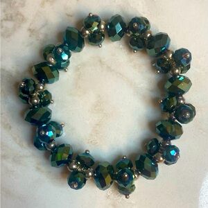 Stretch Glass Bead Cha Cha Bracelet Faceted Fire Polished Iridescent Green